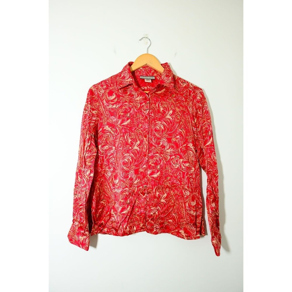 Notations Button down Shirt S Silk Red longsleeve abstract floral Vintage